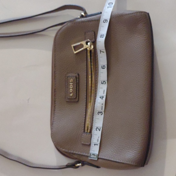 Lodis tan leather crossbody purse with zippered outer pocket & gold hardware - Picture 3 of 11